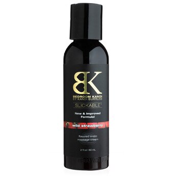 A 2 oz black bottle of new & Improved Bedroom Kandi Slickable in Wild Strawberry